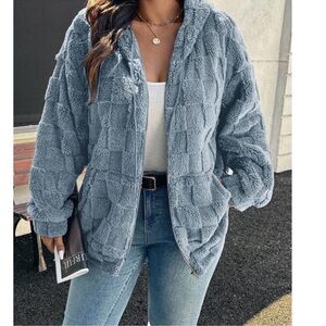 Plus Solid Dusty Blue Checkered Zip Up Drawstring Hoodie Jacket 1X 2X 3X 4X